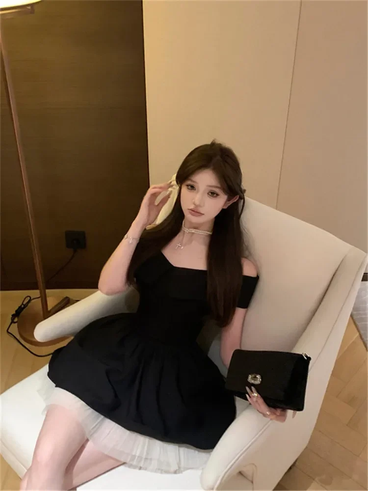 Elegant Lady Black Mini Evening Party Dress Strapless Slash Neck Mesh Stitching Hem A Line Dress Sexy Off Shoulder Slim Dress