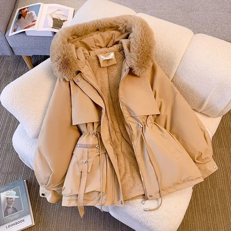 Fleece Gefütterte Kapuze Daunenjacke Wintermantel für Frauen Warme Kordelzug Gepolsterte Parkas Koreanische Casual Streetwear Weibliche Puffer Outwear