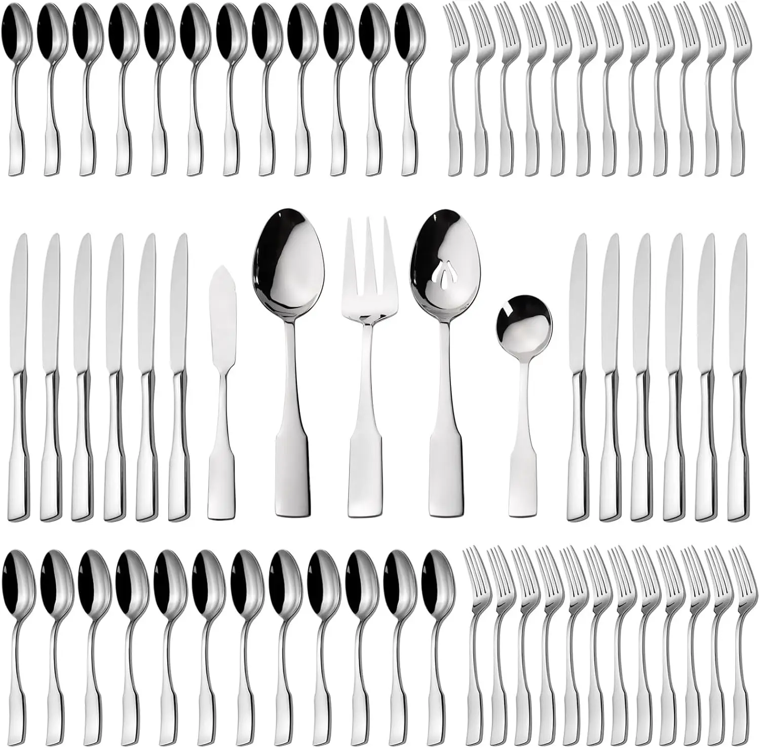 

65-Piece Stainless Steel Flatware Set, Service for 12, Mirror Polished, Dishwasher Safe