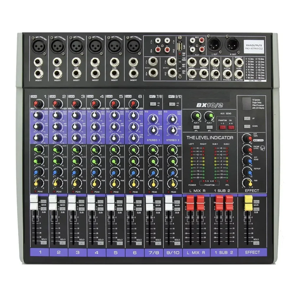 BX102 Professional Mixing Console 10-Channel Audio Mixer Mp3 16 Delay Effect Processor Sound Music Equalizer for Audio Systems