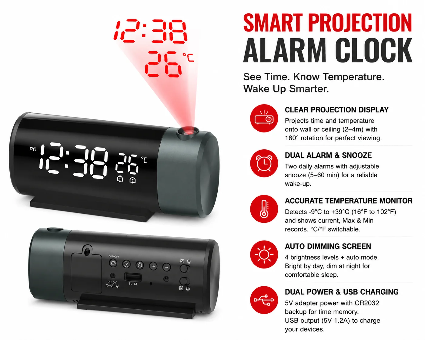 Projection Alarm Clock LED Digital with Temperature Dual Alarm Snooze 180 Rotating Projector USB Charger for Bedroom Office