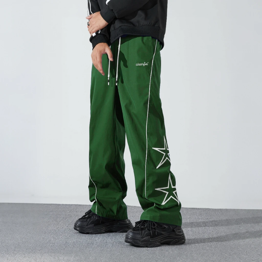

Men's Green Wide-Leg Pants White Star Embroidery "Cheerful" Print Side Stripes Elastic Waist Drawstring Casual Streetwear Trouse