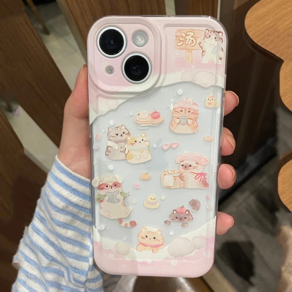 Spring Kitten Bathing Creative Phone Case For iPhone 16 15 14 13 12 11 Pro Max XR XS Max 7 8 Plus Y2K Korean Cute Cartoon Cover