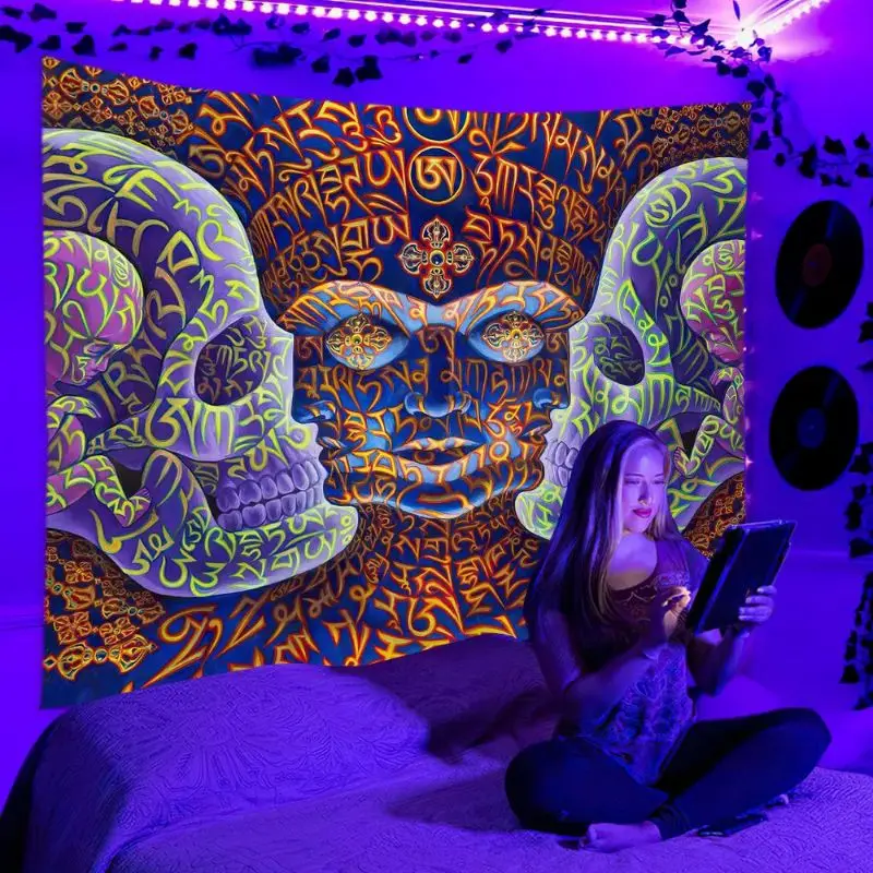 VIKAMA Blacklight Psychedelic Skull Beetle Eye Pattern UV Reactive Tapestry Trippy Wall Hanging Home Decor Soft Durable Cozy