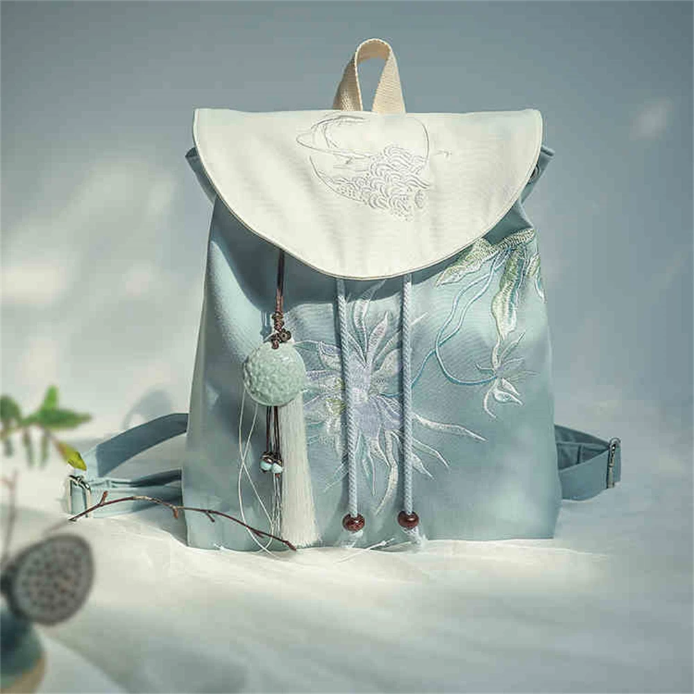 Ancient Ethnic Style Hanfu Drawstring Backpack Chinese Retro Embroidered Canvas Girls Schoolbag Travel Laptop Knapsack Handbag