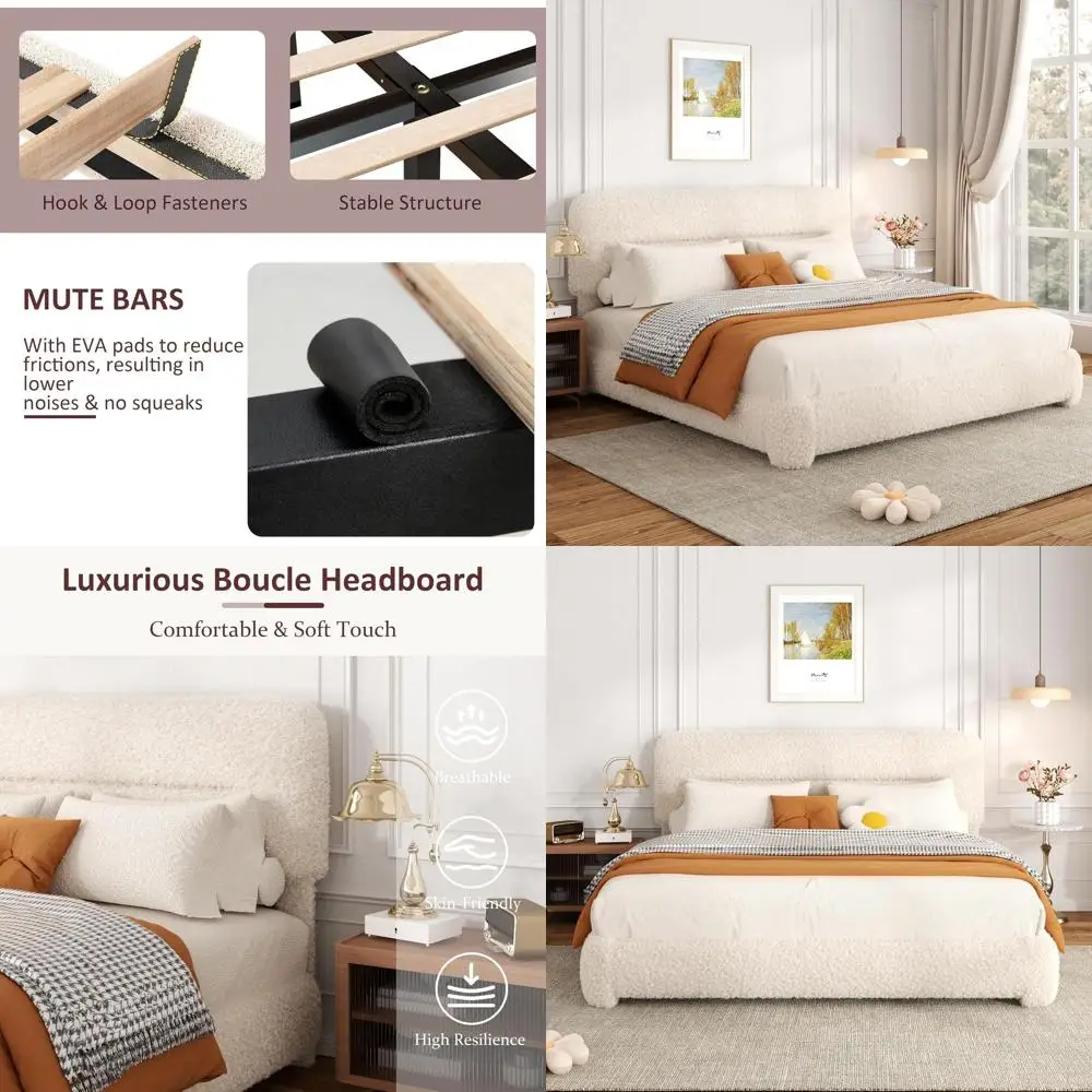 

Кровать GLOLLOSPARK размера «Queen», каркас кровати-платформы с обивкой из букле и регулируемым изголовьем, кровать «Облако» с мягкими закругленными краями