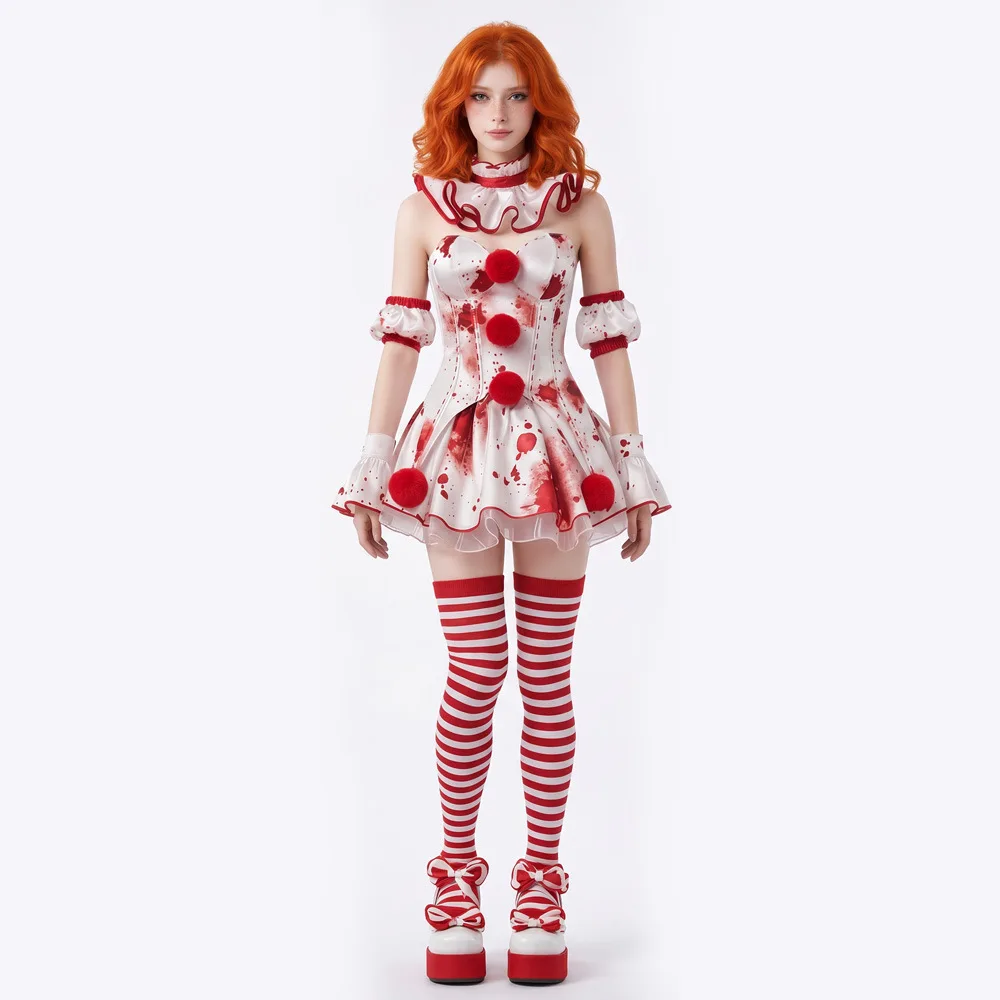 Horror Bloodstain Printed Clown Cosplay Costume Bloodstained Dress with Accessories Full Set for Women Halloween Theme Party Cos view 4