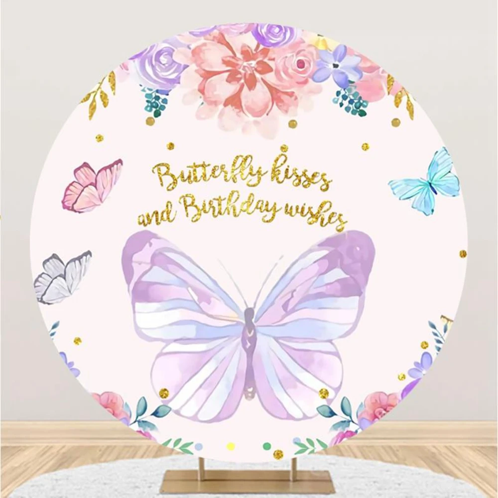 Butterfly Flowers Round Backdrop Cover Birthday Party Baby Shower Kids Portrait Customize Circle Photography Background Decor