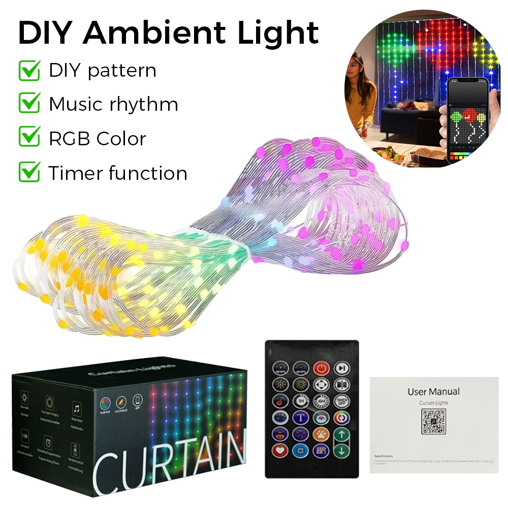 DIY Ambient Light DIY Picture Display Music Synchronization Curtain Lamp APP Control String Light for Christmas Holiday Party
