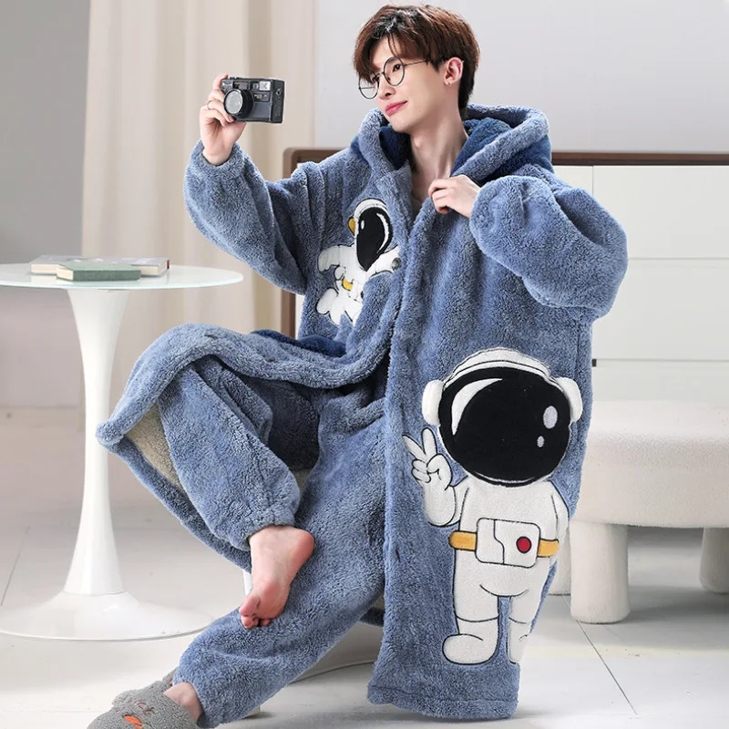 navy blue dress for baby girl Winter Men Pijama Sets 2PCS Adult Korean Hooded Sleepwear Pyjamas Male  Loungewear Cool Cartoon Thicken Soft Warm Robe + Trousers