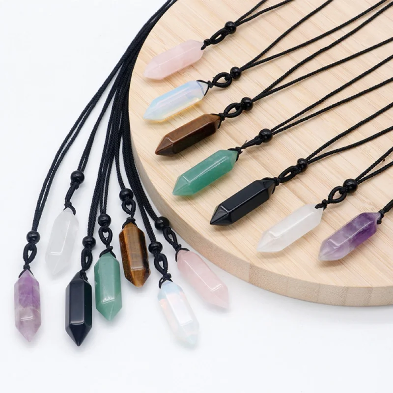 

Natural Semi Precious Stone Pendants Hexagon Cone Amethyst Green Aventurine Necklaces 2024 DIY Jewelry Wax Rope Clavicle Chain