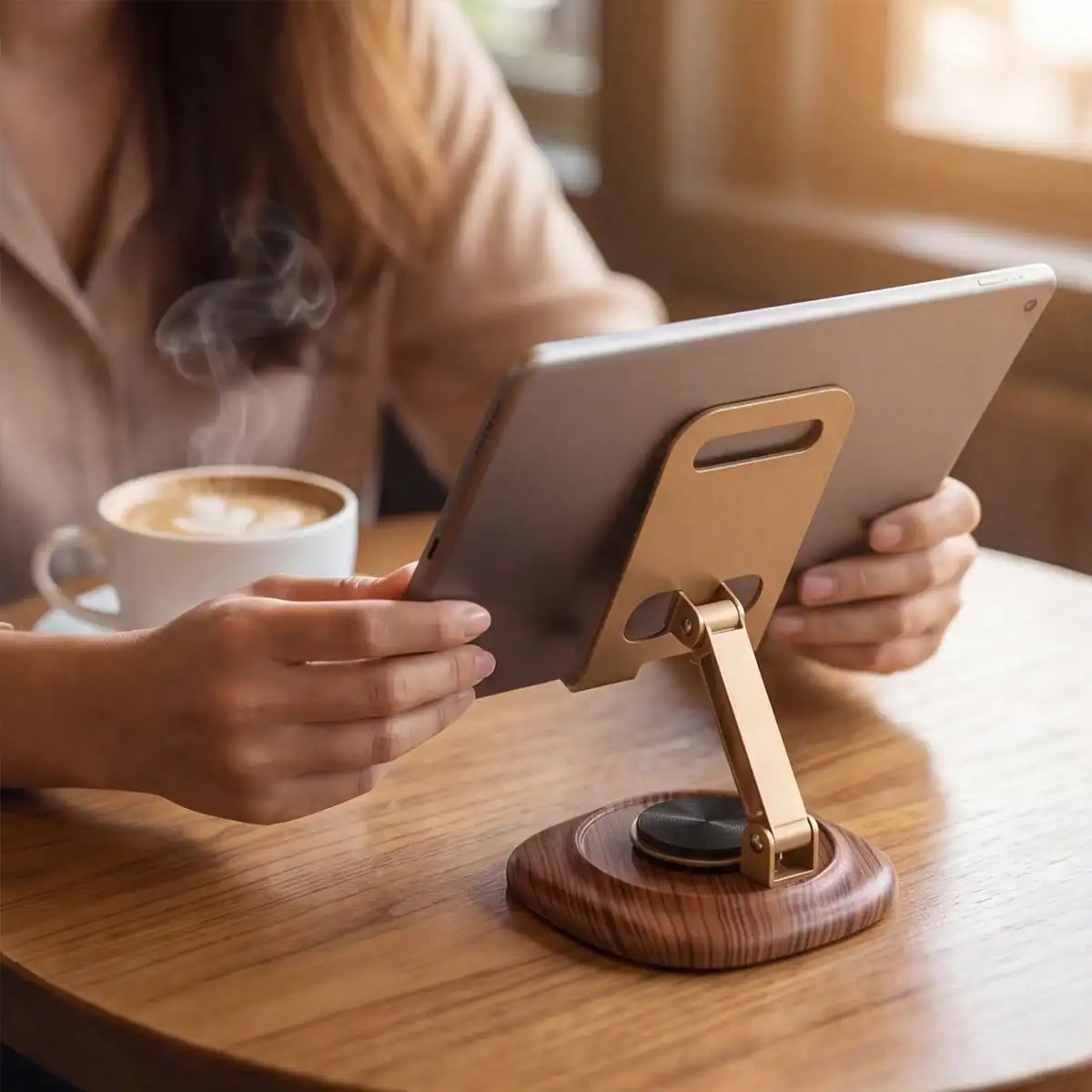 

360° Rotatable Metal Phone Stand With Wooden Grain Base - Foldable & Adjustable, Hollow Design For Heat Dissipation, Suitable For Phones/Tablets, Ideal For Office, Online Classes, Live Streaming, Desktop Phone Holder, Luxury Style Tablet Stand, Rotatable
