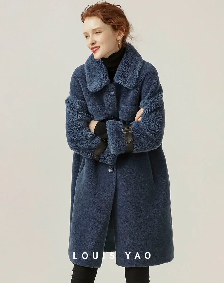 LOUIS YAO 2024 Wool Sheep Shearing Coat Winter Style Granular Fleece Coat Loose Composite Sheepskin Long Outerwear for Women