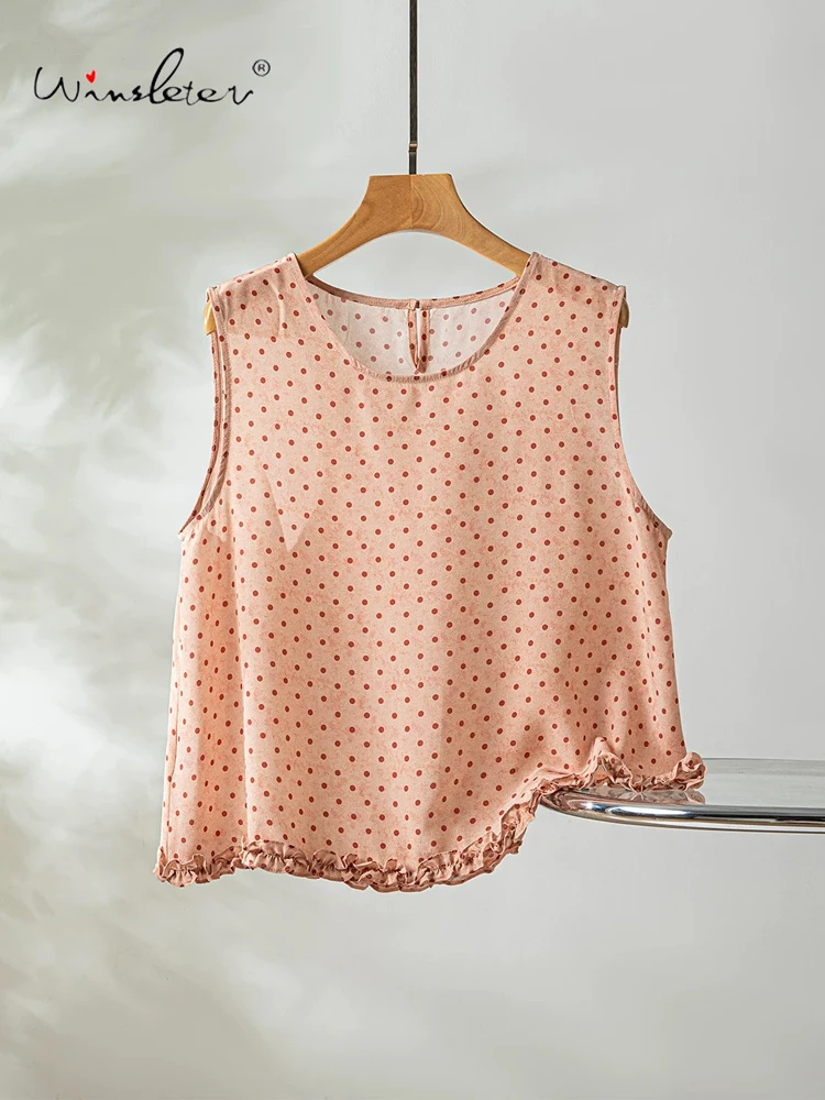 Winsleter-100%Real Silk Double Crepe Elegant Vest, O Neck Dot Ruffles, Women French Commute Loose Vest, 2026 Summer New T66434CC