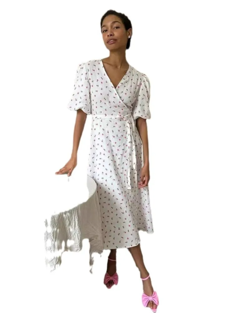 Fresh And Sweet Women's Summer Dresses Floral Print A-line Midi Dress With Side Slits Long Elegant White Vestidos For Women 2024