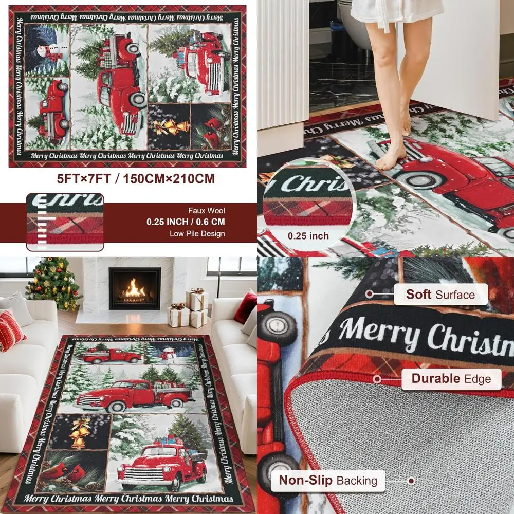 

Red Truck 5x7 Area Rugs for Christmas, Large Bedroom Buffalo Plaid Edge, Washable Non-Slip Rugs for Living Room, Dining Area, an