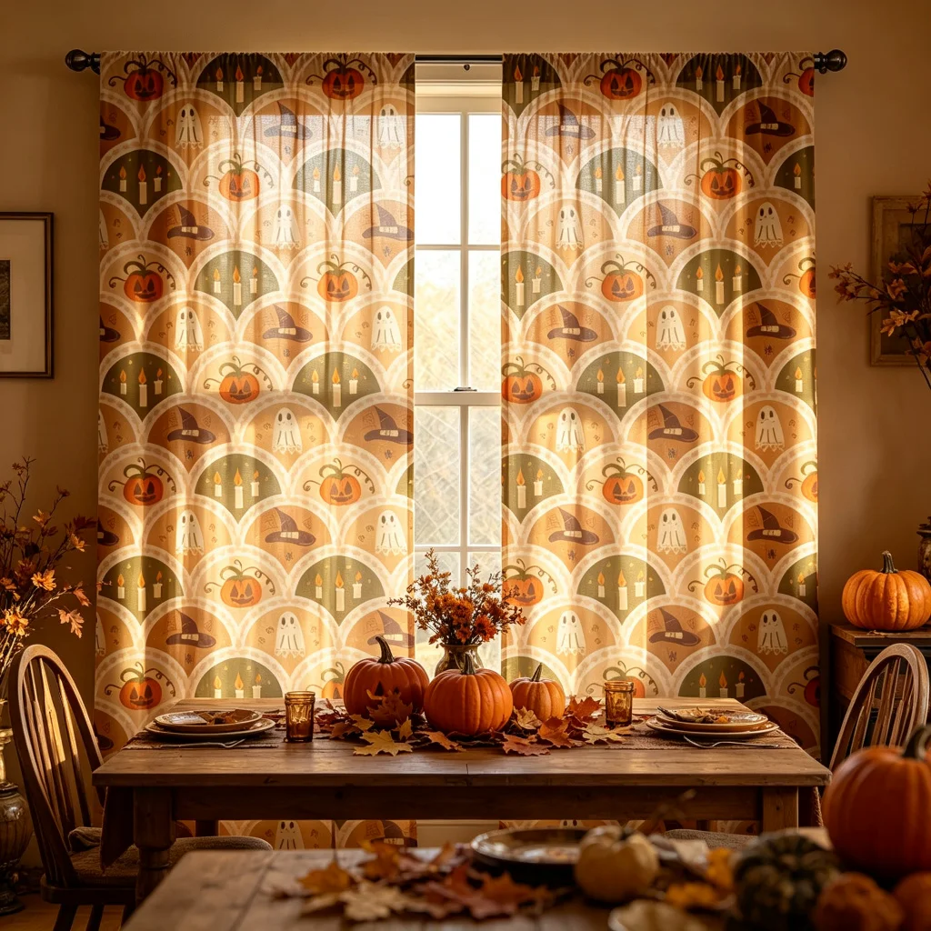 2PCS Halloween Fall Curtains, Pumpkin Ghost , Digital Print, Bedroom Living Room, Rod Pocket Polyester, Home Decor