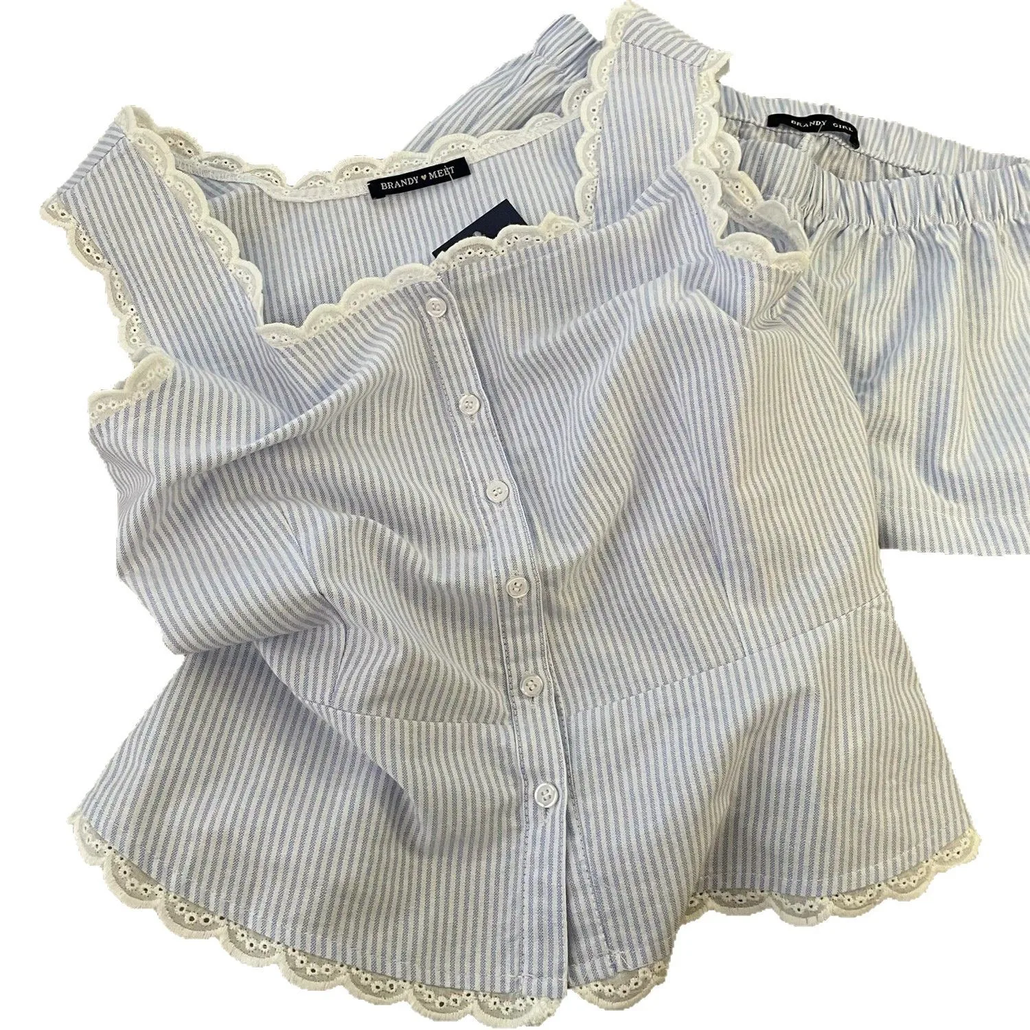 Striped Women Pajamas Summer Sleepwear Sleeveless Shorts Sets 2 Pieces Lace Night Wears Tank Korean Sleeping Home Suit New