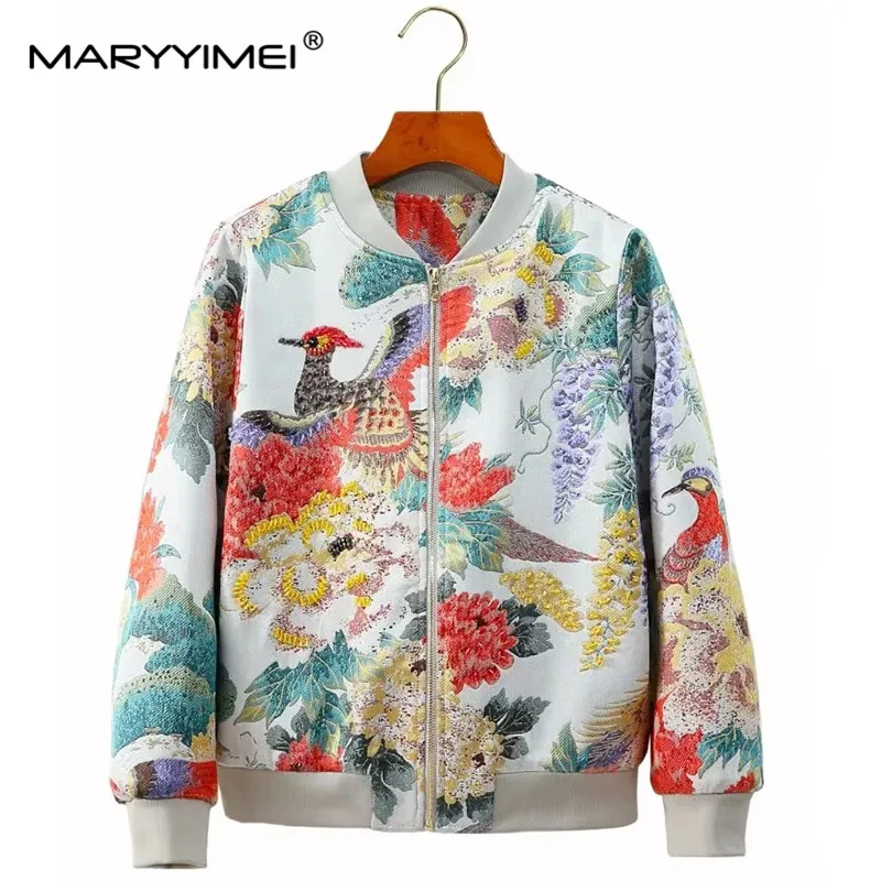 MARYYIMEI New Fashion Women's 2024 Spring New Stand-Up Collar Nail Beads Crystal Jacket Brocade Jacquard Long Sleeve Jacket