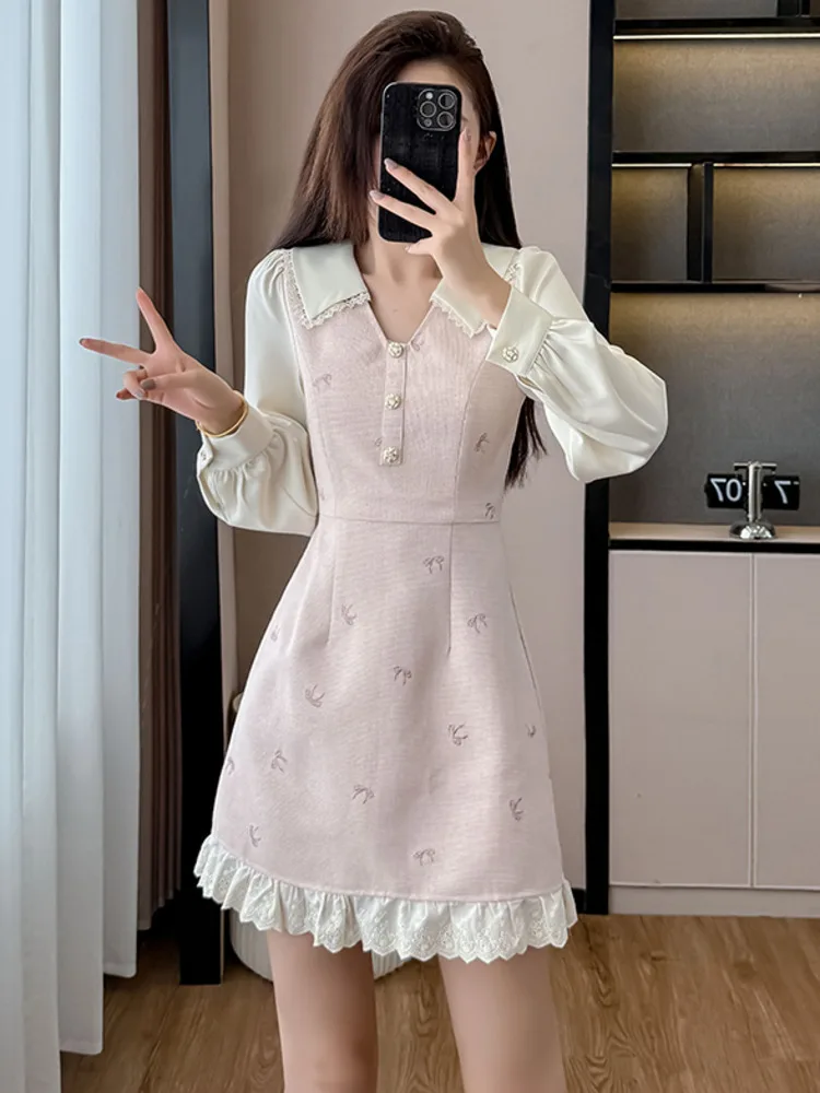 

French Style Sweet Pink Dresses Women Long Sleeve Fashion Ruffle Doll Collar Cute Vestido Summer Bow Embroidered Elegant Dress