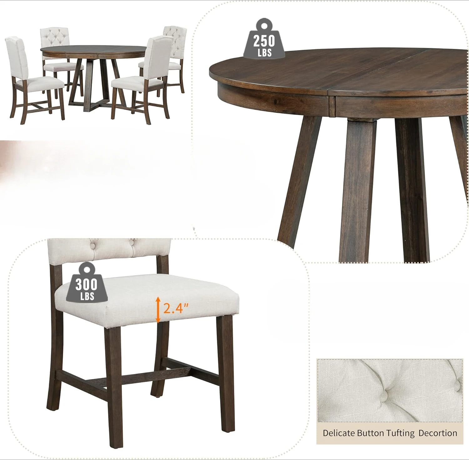 Conjunto de mesa de cozinha com folha removível de 16 polegadas e 4 cadeiras estofadas para cozinha, sala de jantar, espaço pequeno, bege + nogueira