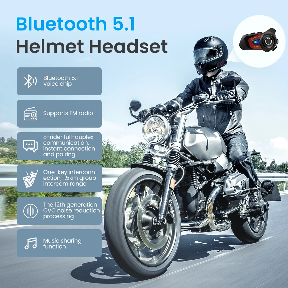 GEARELEC Motorcycle Helmet Intercom Bluetooth Headset Speaker 8 Rider 1.5km Moto Communicator Music Sharing FM Interphone GX8