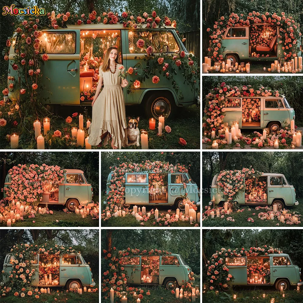 Valentine's Day Background Photography Retro Flower Bus Candle Forest Backdrop Decor Girl Spring Birthday Wedding Photo Studio