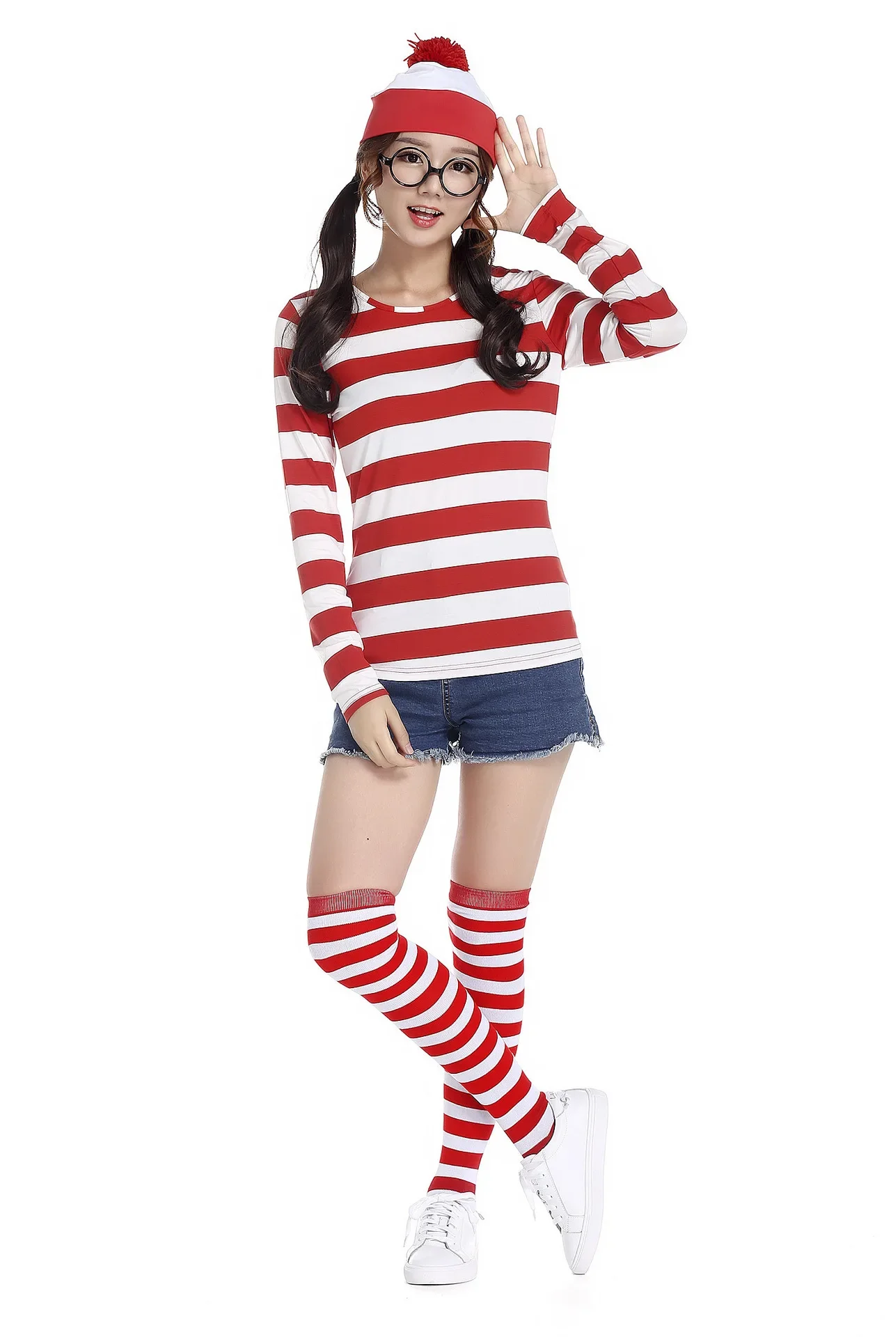 Ouder-kind Halloween Wheres Wally-kostuum Cosplay Kerstmis Gestreept T-shirt Hoed Bril Sokken Pak voor kinderen Volwassen