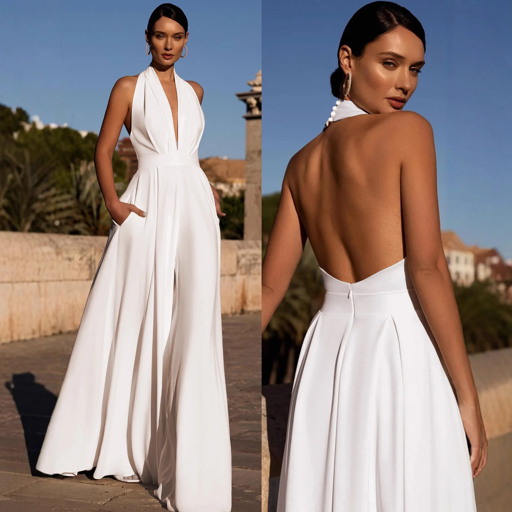 مزاجه أنيقة الرسن الرقبة حللا المرأة مثير العميق الخامس الرقبة عارية الذراعين عالية الخصر واسعة الساق بذلة بلون الإناث جديد