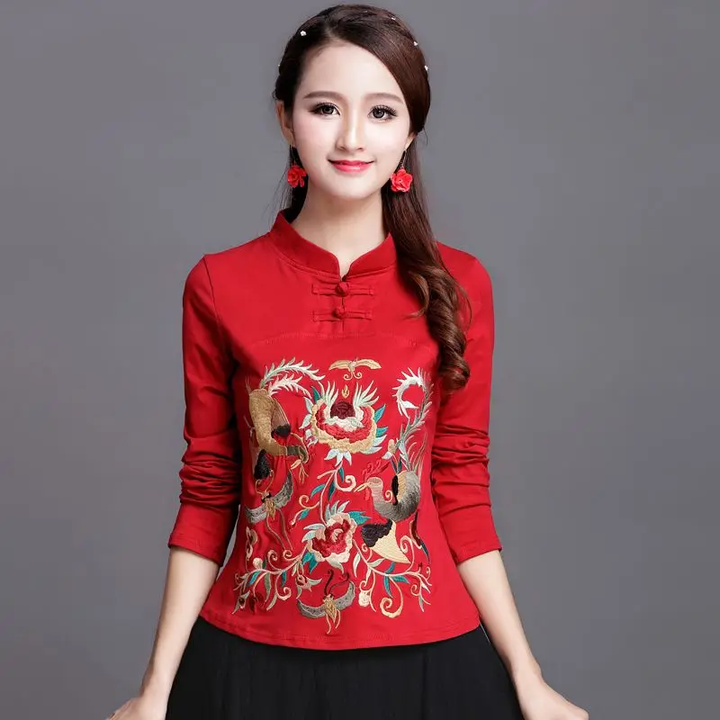 Chinese Style Long Sleeve Embroidered T-shirt 2026 New Woman Spring Autumn Elegant Shirt Blouse Tops Female Casual Base Shirt