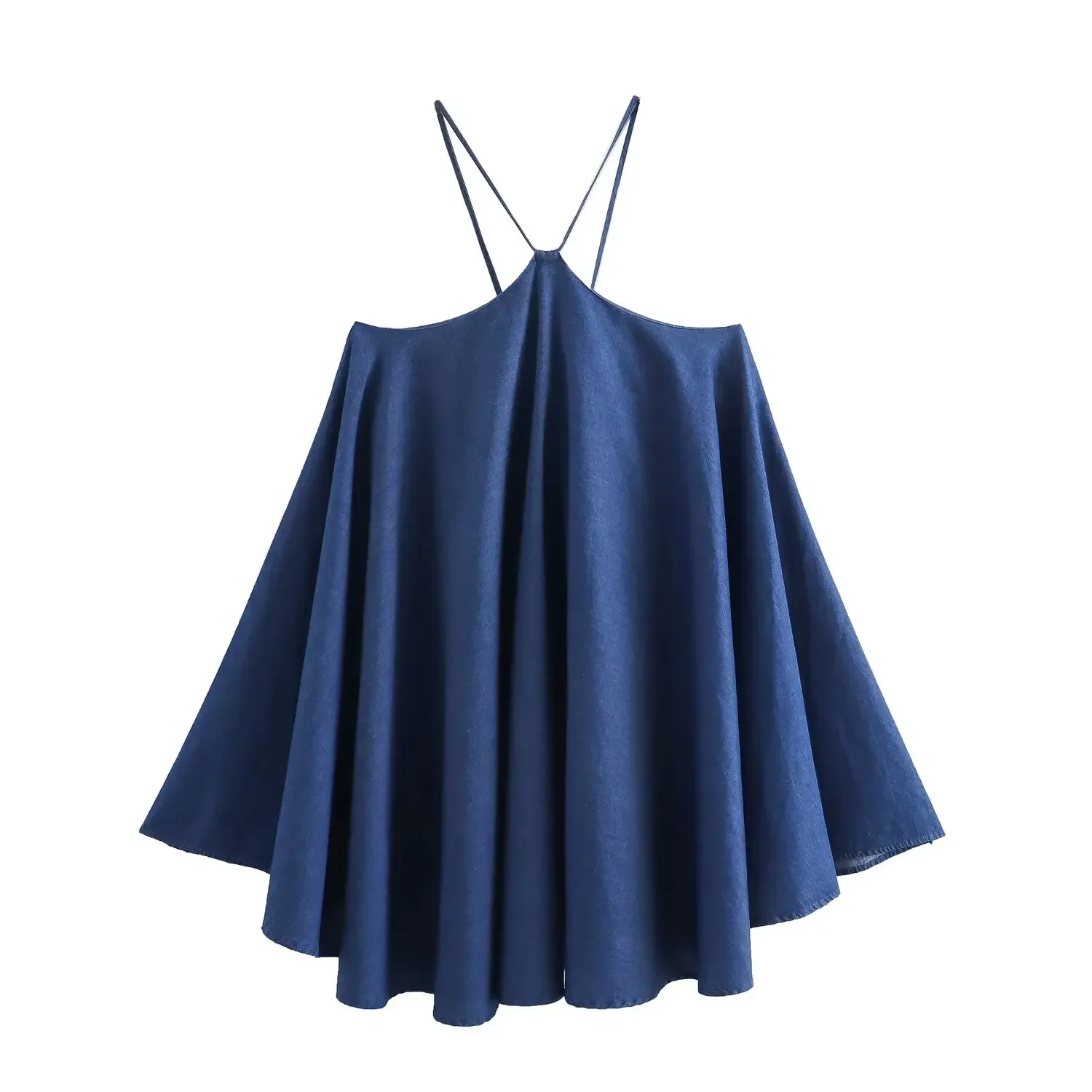 

Women's summer new fashion wide pleated design denim suspender mini dress retro backless zippered women's dress Mujer