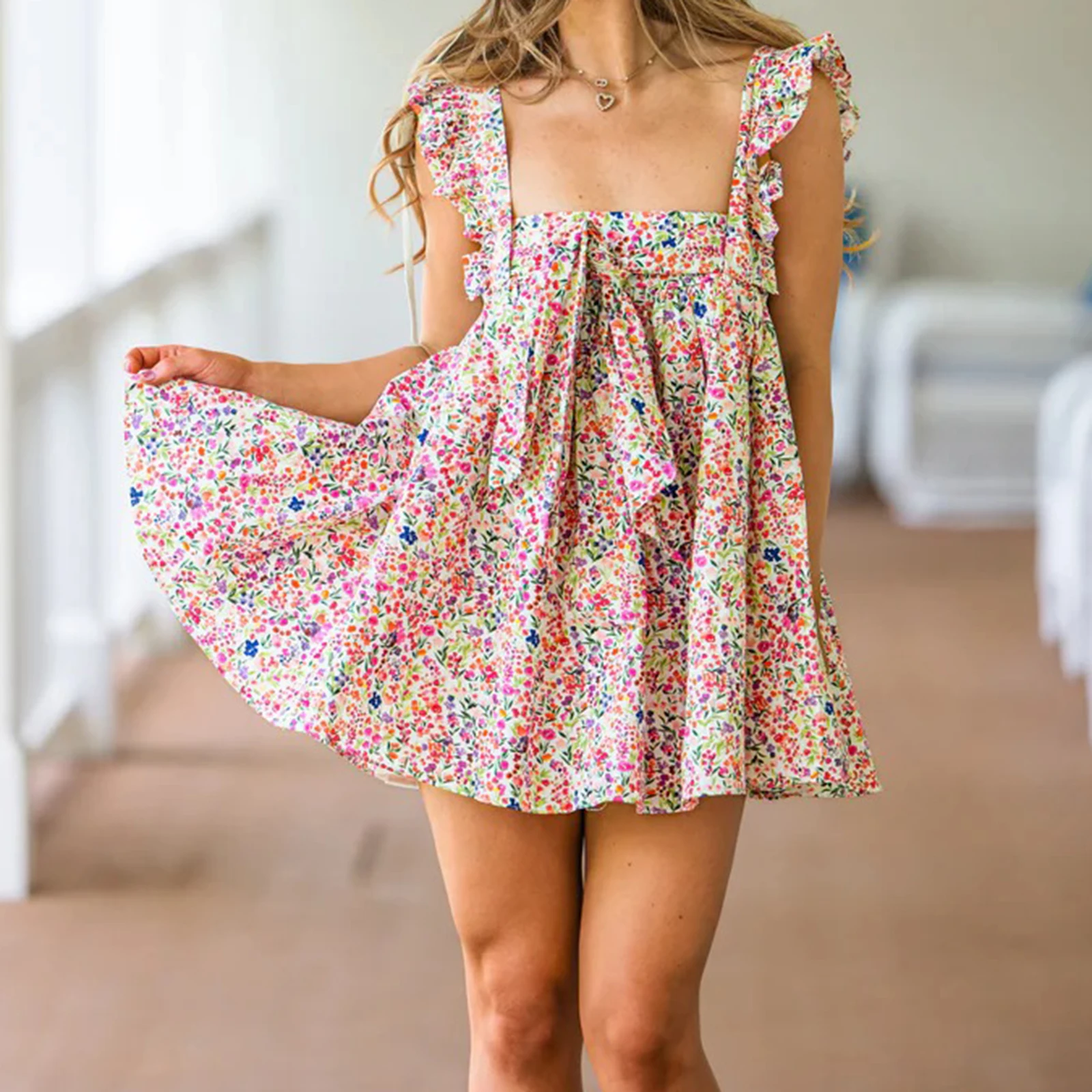 Damen Babydoll-Minikleid mit Rüschenbesatz, niedliche Fliege, fließendes Sommerkleid, lockeres Sling-Kleid, Blumen-Ausgeh-Kleider