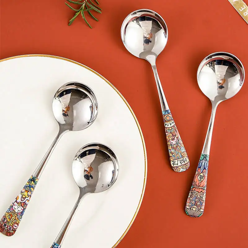 Colorful Print Handle Stainless Steel Spoon Serving Round Shape Coffee Scoops Ice Cream Dessert Tea Spoon Tableware Kitchen Tool image 4
