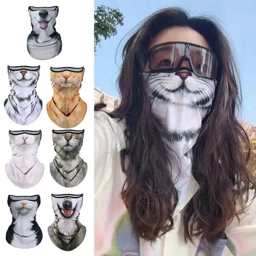 

Multi-pattern 3D animal face neck gaiter with ear hooks, windproof cycling outdoor face mask, cat/dog print
