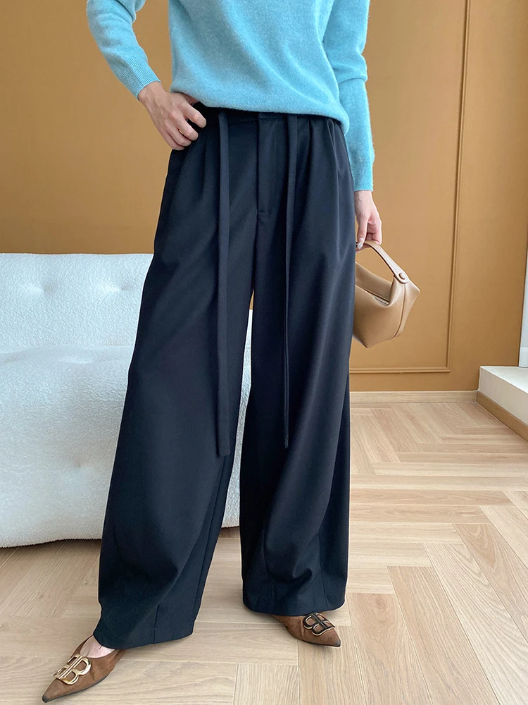 [LANMREM] Drawstring High Waists Wide Leg Pants For Women Straight Office Lady Loose Fashion Clothing 2024 Autumn New 26C142