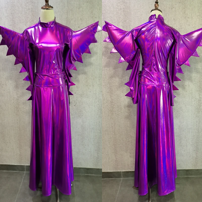 Men Women Purple Laser Exaggerated Shoulder Bodysuit Dress Nightclub Ds Dj Gogo Wear Pole Dance Outfit Drag Queen Costume XS4474