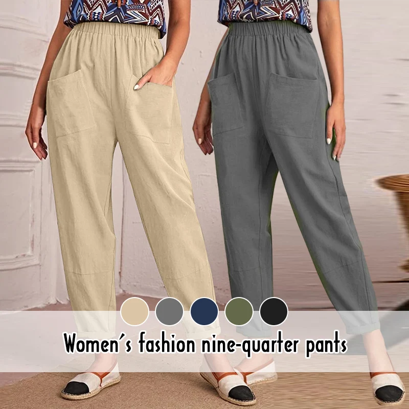 

Women Summer Cotton Linen Harem Pants Casual Loose Button High Waist Pocket Trousers Vintage All-match Yoga Baggy Pants