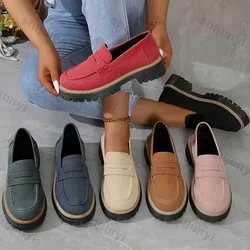 Women Solid Color Platform Loafers Shoes Woman 2025 Spring Autumn New British Style Flats Comfortable Thick Heel Slip on Shoes