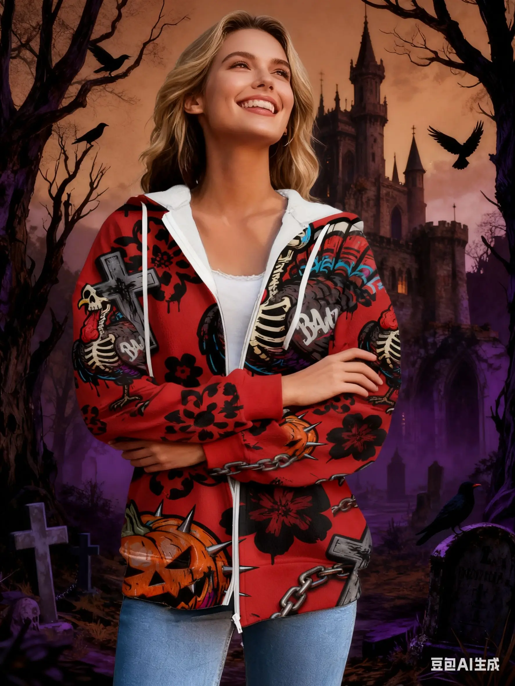 

3D Printed Full-Print Hoodie: Gothic Halloween Fusion with Skeleton Turkeys, Spiked Pumpkins, Crosses & Floral Graffiti for Edgy