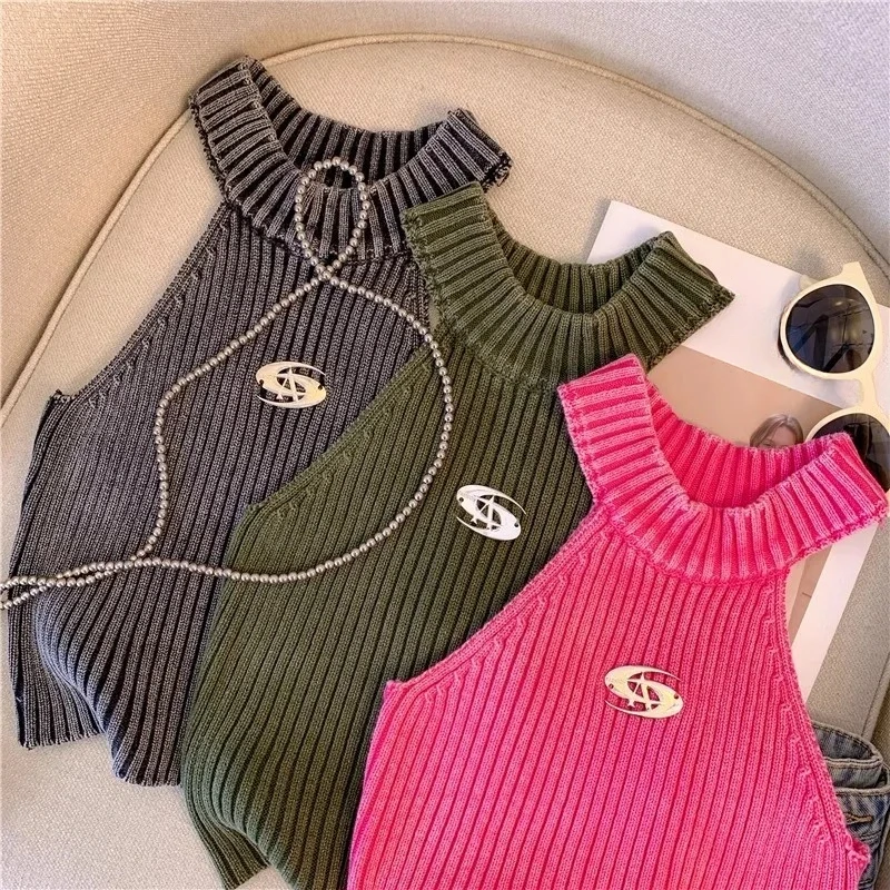 

Spicy Girl Halterneck Knit Sling Women Korean Sleeveless Sequined Fashion Temperament Slim Elastic Pullover Versatile Tank Top