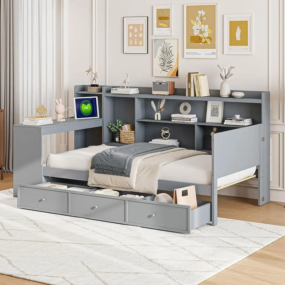 

Twin Size Daybed with Bookcase and Desk, Kids' Bedroom Furniture, Grey