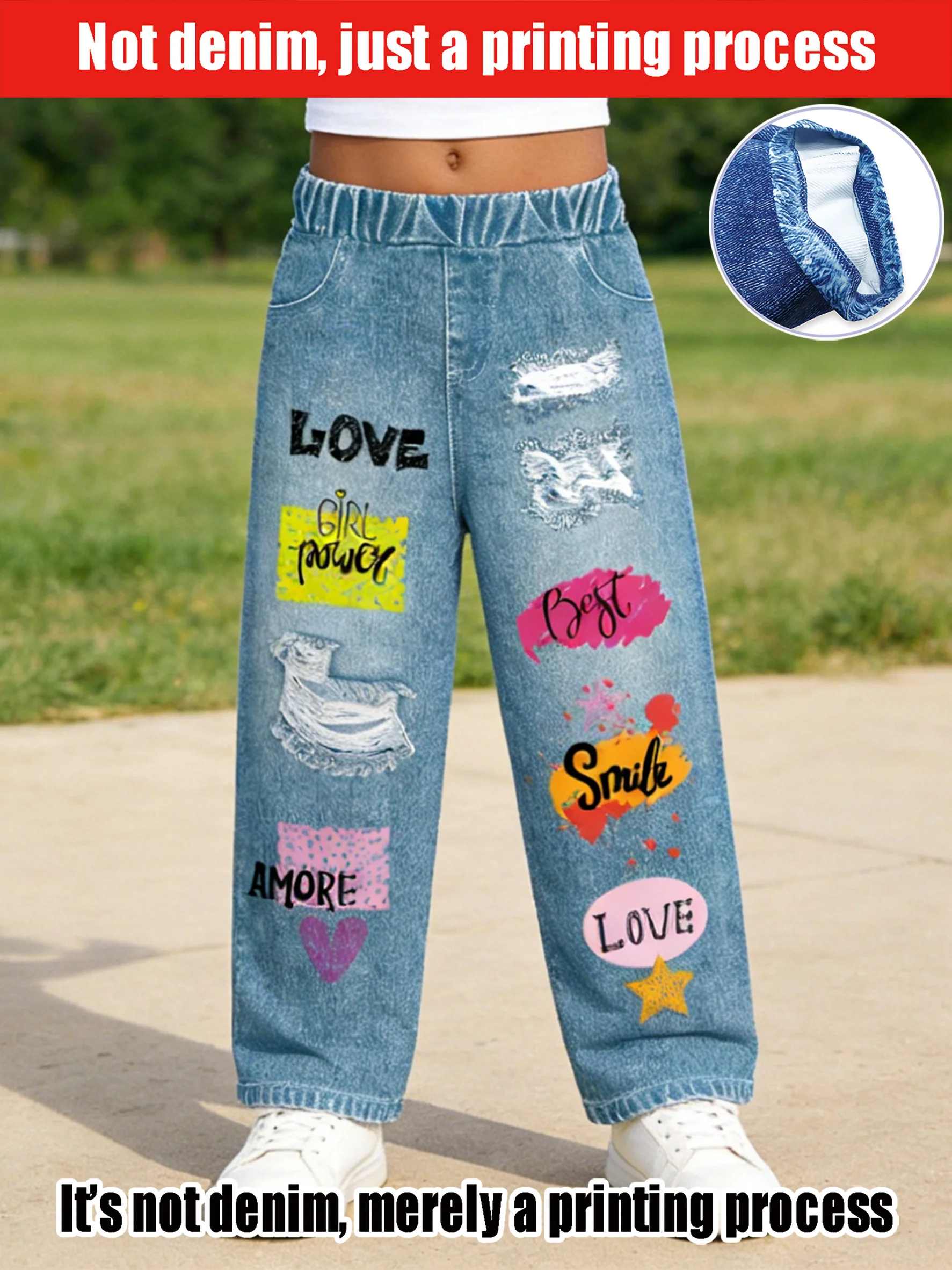 2026 children's light blue simulated denim wide-leg pants old and ripped holes sweet and cool vitality girly style