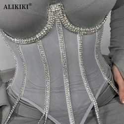 Women's Evening Corset Rhinestone Lace-up Corset Underbust Mesh Bustier Crop Top Bodices Sexy Lingerie Women Body Shaper