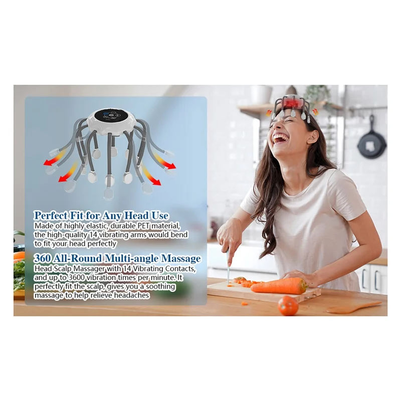 

Electric Head Massager Octopus Scalp Massage Music 5 Modes 14 Vibrating Contacts Red Light Therapy For Stress Relief
