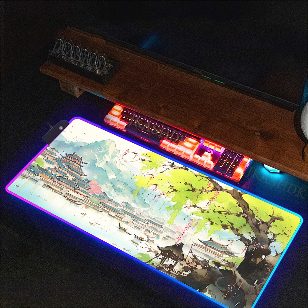 Anime Landscape RGB Gaming Mouse Pad LED Light High Quality Colorful Desk Mat Carpet Rubber Padd Office Laptop Backlit Mouse Mat