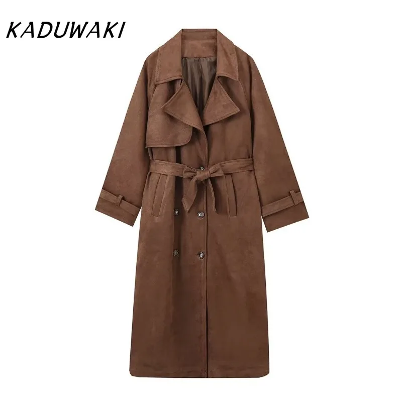 KADUWAKI Fall Europe and The United States Wind Fashion Long Tweed Blend Retro Double-breasted Lapel Tie Belt Jacket Windbreaker