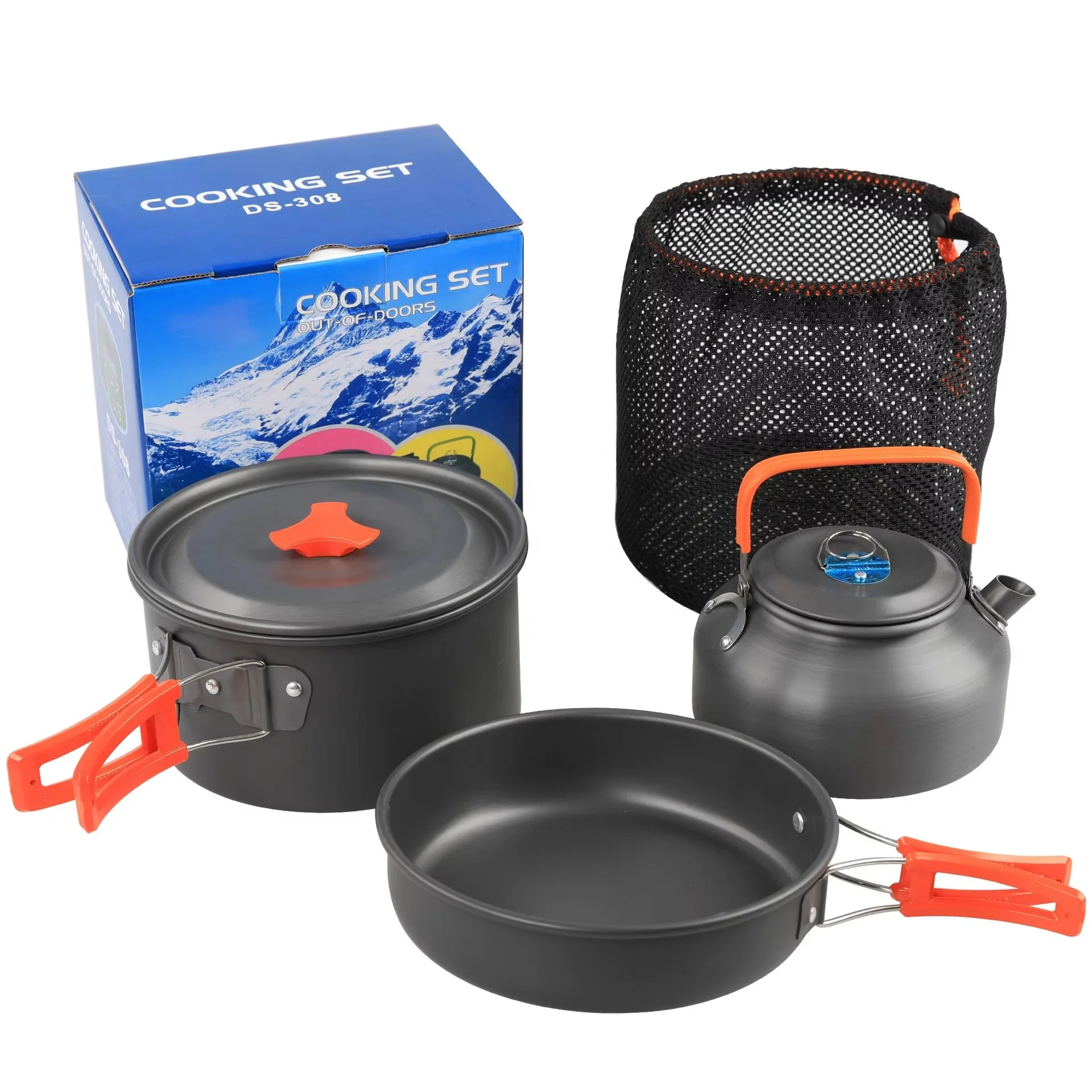 2~3 Person Camping Cookware Mess Kit with Kettle Anodized Aluminum Alloy 1-2L Lightweight Outdoor Pots Set