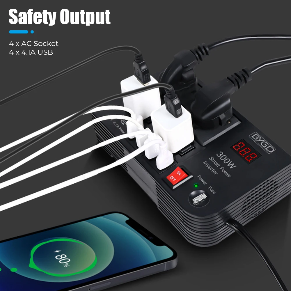 Car Inverter 4 USB Ports 4 AC Sockets DC 12V to AC 220V Converter 300W ON/OFF Switch Power Adapter Overload Protection