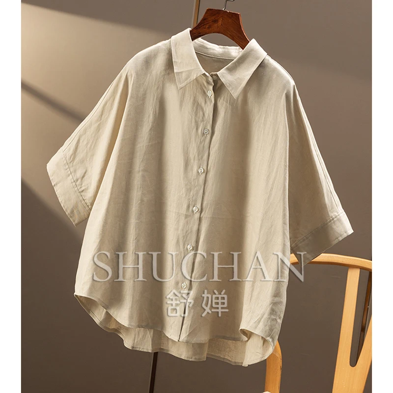 قميص نسائي عالي الجودة 100 كتان مخطط كبير بندول قوس سبعة كم قميص نسائي 49C0 Blusas Mujer De Moda 2025