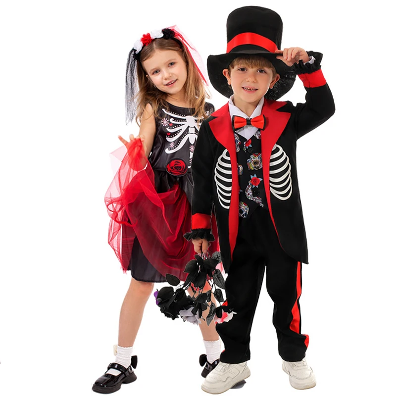 

Girl Boy Red Flower Skeleton Bride and Groom Halloween Dress Up Mariachi Day of the Dead Child Costume
